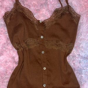 Brown Lace Trim Button-Up Top